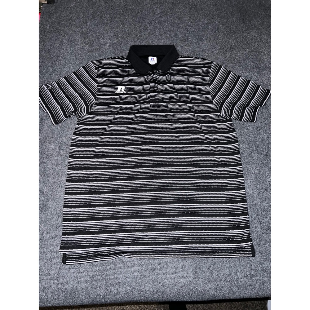 Russell Athletic Mens XL Black White Striped Short Sleeve Polo Shirt 830GLMK